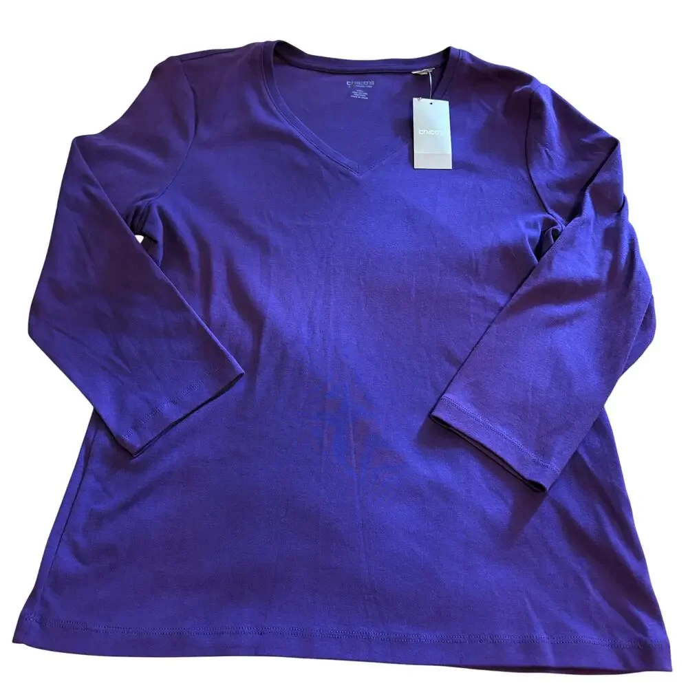 NEW Chicos Women's True Color Tee Chloe Top 3/4 Sleeve Soft Purple Amethyst 1 - Picture 1 of 5